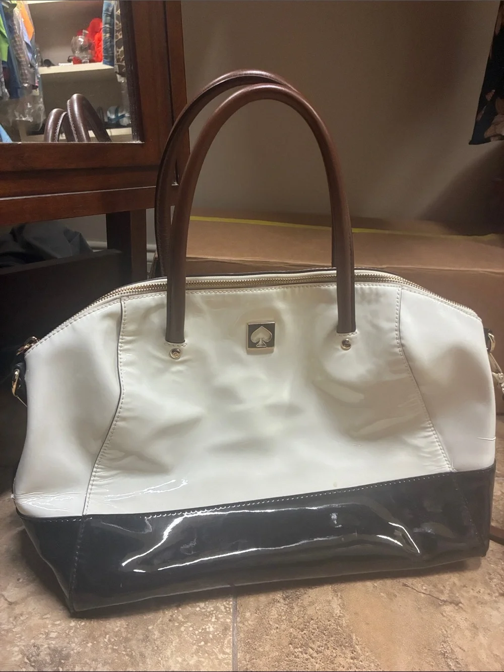 kate spade White and Black Patent Tote with Brown Handles